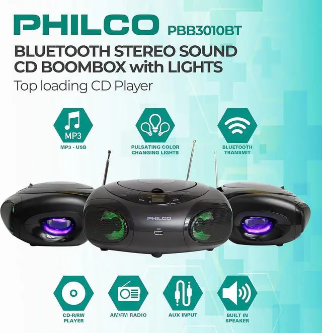 Alt view image 2 of 6 - Philco CD Player Boombox with Bluetooth, AM/FM Radio, Portable CD Players for Home, Dynamic Light Display, Clear Stereo Sound and deep bass, AUX-in, MP3 /CD-R/CD-RW Compatible, AC/Battery Powered
