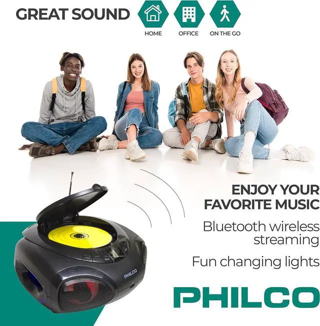 Alt view image 3 of 6 - Philco CD Player Boombox with Bluetooth, AM/FM Radio, Portable CD Players for Home, Dynamic Light Display, Clear Stereo Sound and deep bass, AUX-in, MP3 /CD-R/CD-RW Compatible, AC/Battery Powered