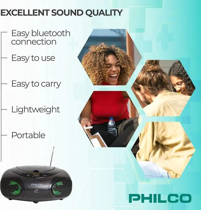 Alt view image 5 of 6 - Philco CD Player Boombox with Bluetooth, AM/FM Radio, Portable CD Players for Home, Dynamic Light Display, Clear Stereo Sound and deep bass, AUX-in, MP3 /CD-R/CD-RW Compatible, AC/Battery Powered