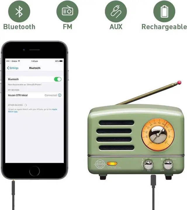 Alt view image 7 of 7 - Muzen Portable Bluetooth Speaker, OTR Metal Retro Small Wireless Speaker, FM Radio with Antenna AUX, 10h+ Long Playtime, High Fidelity Stereo Audio with Suitcase, Room Office Decor, Festival Gift