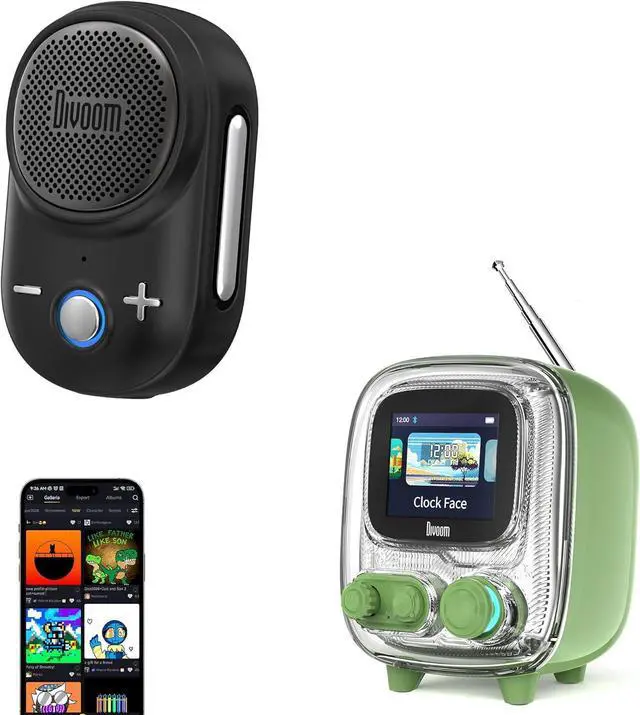 Main image of Divoom Sound & Style Bundle  Retro Tiivoo Pixel Speaker + Portable Itour-S Clip-on Speaker | Home & Outdoor Bluetooth Audio with Pixel Art Fun