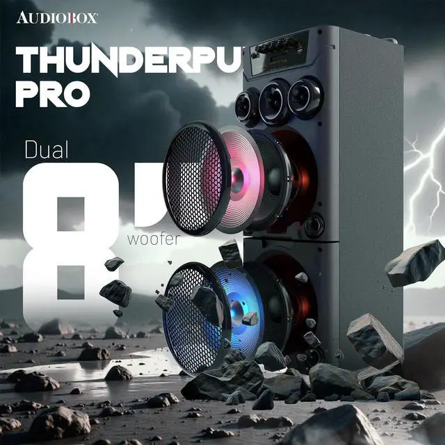 Alt view image 2 of 7 - Audiobox ABX-8080R Bluetooth Party Speaker with Dual 8" Woofers, Wooden Cabinet, TWS Pairing, LED Lights, 2 Wireless Microphones, USB/microSD/AUX, Rechargeable