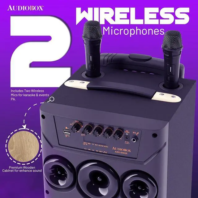 Alt view image 3 of 7 - Audiobox ABX-8080R Bluetooth Party Speaker with Dual 8" Woofers, Wooden Cabinet, TWS Pairing, LED Lights, 2 Wireless Microphones, USB/microSD/AUX, Rechargeable