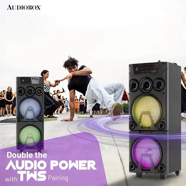 Alt view image 4 of 7 - Audiobox ABX-8080R Bluetooth Party Speaker with Dual 8" Woofers, Wooden Cabinet, TWS Pairing, LED Lights, 2 Wireless Microphones, USB/microSD/AUX, Rechargeable