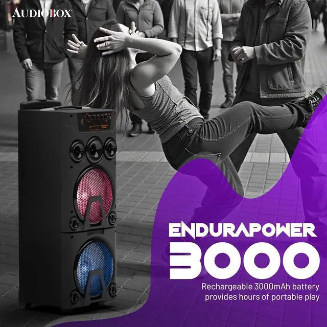 Alt view image 5 of 7 - Audiobox ABX-8080R Bluetooth Party Speaker with Dual 8" Woofers, Wooden Cabinet, TWS Pairing, LED Lights, 2 Wireless Microphones, USB/microSD/AUX, Rechargeable