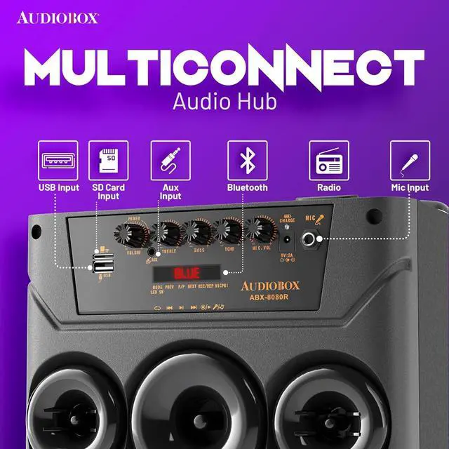 Alt view image 7 of 7 - Audiobox ABX-8080R Bluetooth Party Speaker with Dual 8" Woofers, Wooden Cabinet, TWS Pairing, LED Lights, 2 Wireless Microphones, USB/microSD/AUX, Rechargeable