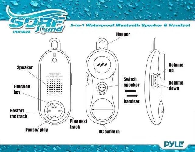 Alt view image 2 of 4 - Pyle Portable Wireless Waterproof Handset Speaker - Bluetooth Compatible Rechargeable Battery Powered Shower Outdoor Loud Speaker w/ Microphone - USB Charger - iPhone, Android - Pyle PBTWP24BK (Black)