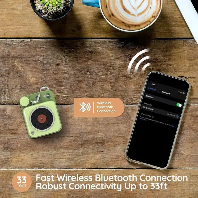 Alt view image 6 of 7 - Muzen Mini Bluetooth Speaker, Button Portable Metal Small Cute Wireless Rechargeable HiFi Loud Volume Audio Speaker with Portable Lanyard and Gift Box, Classic Retro Decor
