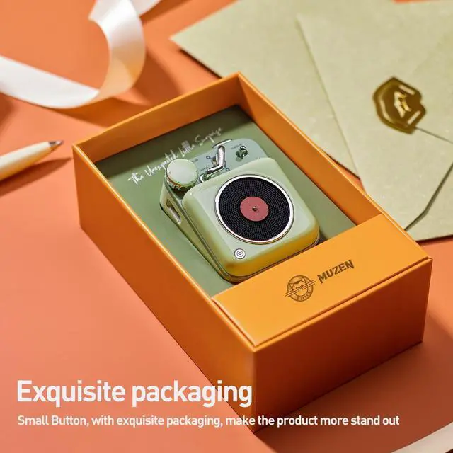 Alt view image 7 of 7 - Muzen Mini Bluetooth Speaker, Button Portable Metal Small Cute Wireless Rechargeable HiFi Loud Volume Audio Speaker with Portable Lanyard and Gift Box, Classic Retro Decor