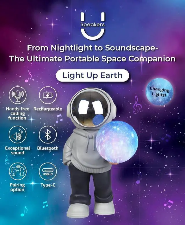 Alt view image 3 of 4 - Astronaut Speaker Hoodie Wireless Bluetooth Speaker with 360° Stereo Sound, TWS Pairing, RGB LED Lights & Mini Subwoofer Space Decor Gift for Kids & Teens