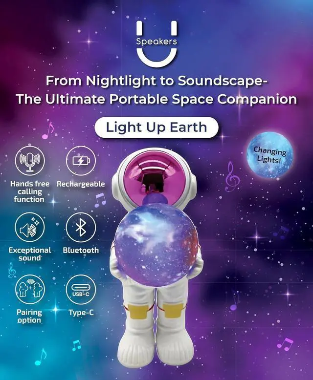 Alt view image 3 of 4 - Astronaut Speaker Purple-FACE Wireless Bluetooth Speaker with 360° Stereo Sound, TWS Pairing, RGB LED Lights & Mini Subwoofer  Space Decor Gift for Kids & Teens