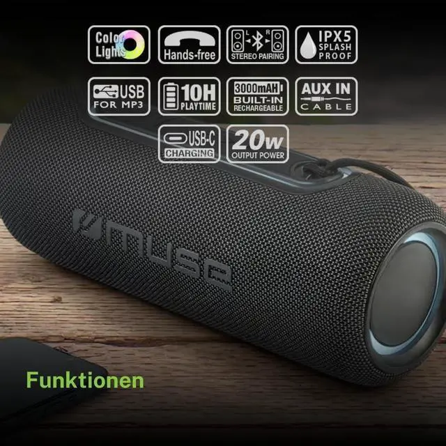 Alt view image 5 of 5 - Portable 20 W Bluetooth Speaker IPX5 Waterproof Colour Function Hands-Free Function Stereo Connection USB-C and AUX Connection Black