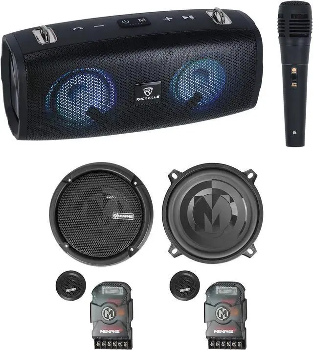 Main image of Memphis Audio PRX50C 5.25" 100 Watt Component Car Speakers w/Crossovers Bundle with Rockville RPB-KAR Portable Bluetooth Speaker with Karaoke Microphone with Party LED's