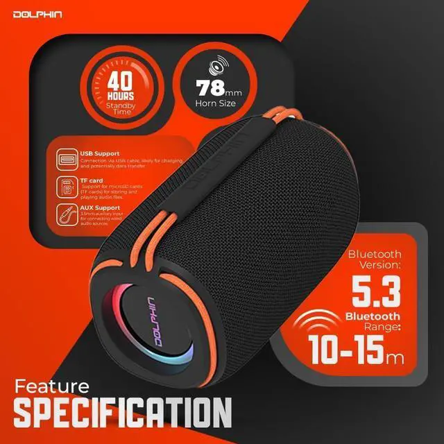 Alt view image 3 of 6 - Dolphin DR-30 Bluetooth Speaker - Waterproof, Portable, Stereo - Black (Speaker)