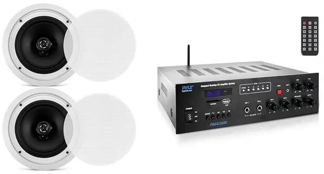 Main image of Pyle 8" Ceiling Speakers, Bluetooth 500W PA Amplifier - Pair of in-Wall Stereo Sound Midbass Woofer Speaker System with Public Address Receiver