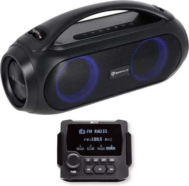 Main image of Audiosavings Bundle: MB Quart GMR-LCD Gauge Hole Mount Marine/Boat Receiver Bluetooth AM/FM Radio Bundle with Rockville GO PARTY MAX BASS Large Portable LED Bluetooth Speaker w/Wireless Link (2 Items)