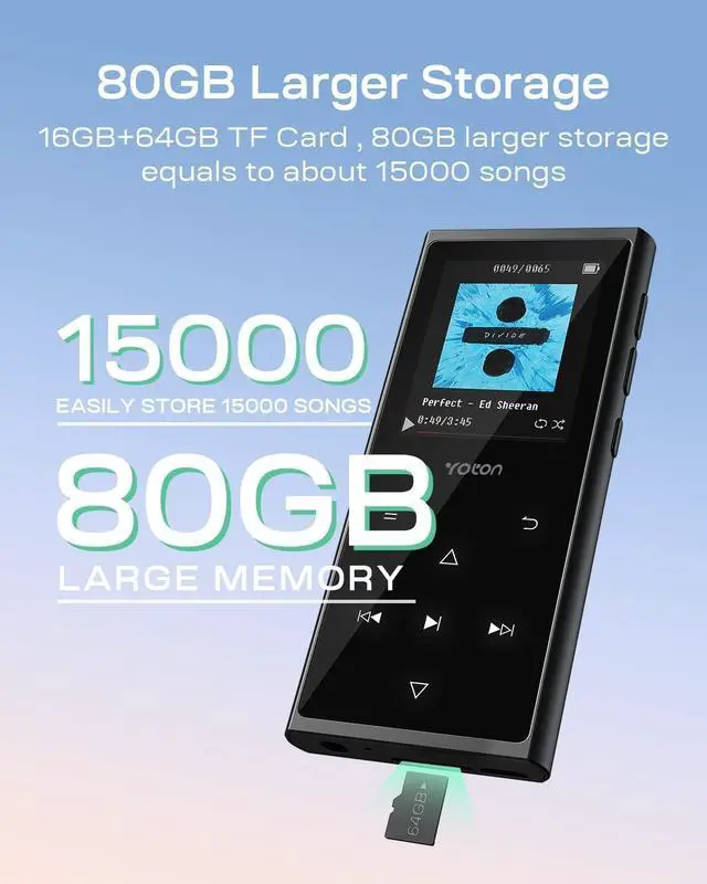 Alt view image 4 of 7 - 80GB MP3 Player with Bluetooth, YOTON Music Player with Speaker and 1.8'' Curved Screen, HiFi Sound, FM Radio, Voice Recorder, E-Book, Pedometer, Stopwatch, TF Card and Earphones Included