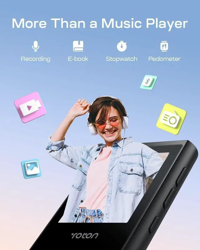 Alt view image 2 of 7 - 80GB MP3 Player with Bluetooth, YOTON Music Player with Speaker and 1.8'' Curved Screen, HiFi Sound, FM Radio, Voice Recorder, E-Book, Pedometer, Stopwatch, TF Card and Earphones Included