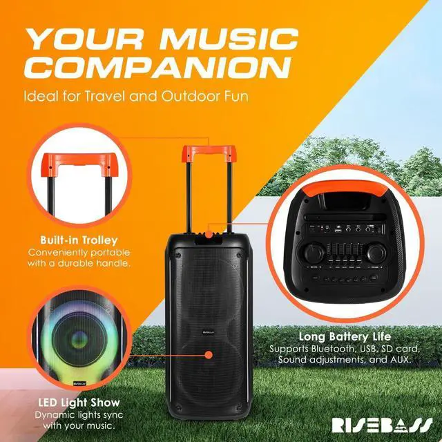 Alt view image 3 of 7 - Portable Karaoke Machine with 2 Wireless Mics, Daul 8" Speakers, LED Lights, PA System, Remote, Bass/Treble Adjustment, SD Card/USB, REC Rolling Wheels and Trolley, Auto Ducking Function.