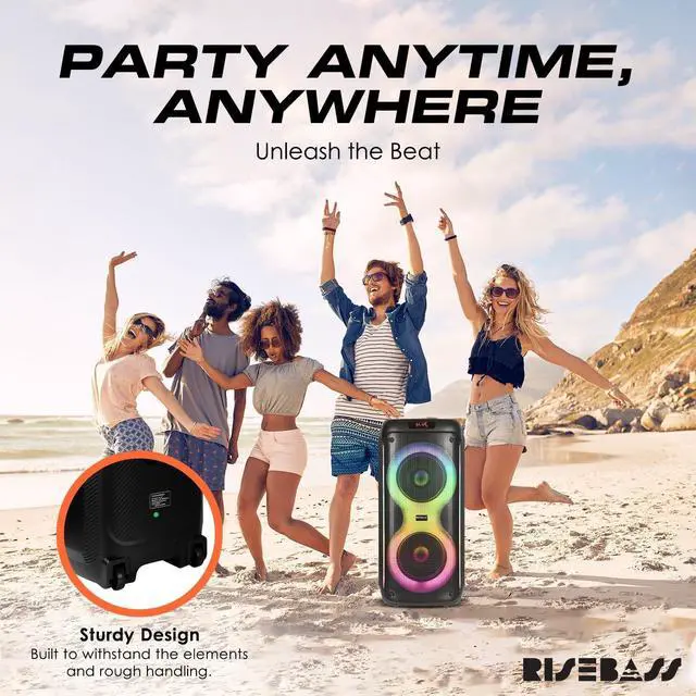 Alt view image 5 of 7 - Portable Karaoke Machine with 2 Wireless Mics, Daul 8" Speakers, LED Lights, PA System, Remote, Bass/Treble Adjustment, SD Card/USB, REC Rolling Wheels and Trolley, Auto Ducking Function.