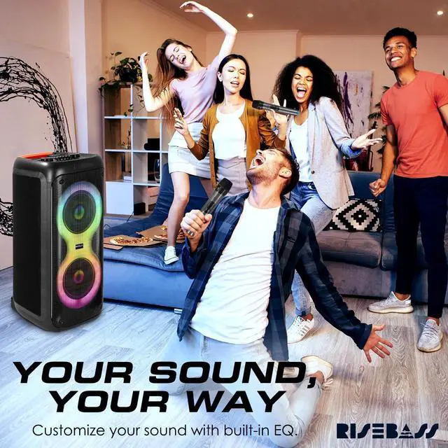 Alt view image 7 of 7 - Portable Karaoke Machine with 2 Wireless Mics, Daul 8" Speakers, LED Lights, PA System, Remote, Bass/Treble Adjustment, SD Card/USB, REC Rolling Wheels and Trolley, Auto Ducking Function.