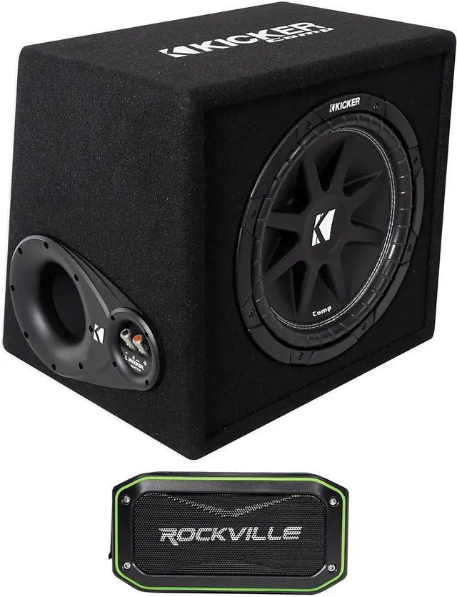 Main image of KICKER 43VC124 Comp 12" Subwoofer in Vented Sub Box Enclosure, 4-Ohm Bundle with Rockville Rock Anywhere Waterproof Portable Bluetooth Speaker (2 Items)