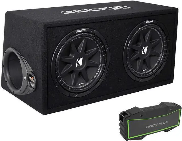 Main image of KICKER Audiosavings Bundle 43DC122 Comp Dual 12" Subwoofers in Vented Sub Box Enclosure, 2-Ohm Bundle with Rockville Rock Everywhere Portable Bluetooth Speaker/Waterproof/Wireless Link (2 Items)