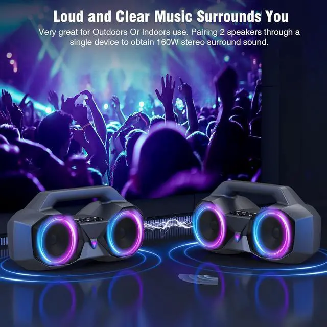 Alt view image 6 of 7 - Speakers Bluetooth Wireless, 80W Loud Speaker with Punchy Bass, HiFi Stereo, IPX7 Waterproof, Long Playtime, Cool Lights, TWS, Portable Speaker for Home, Outdoor, Work and Relaxation, Gifts for All