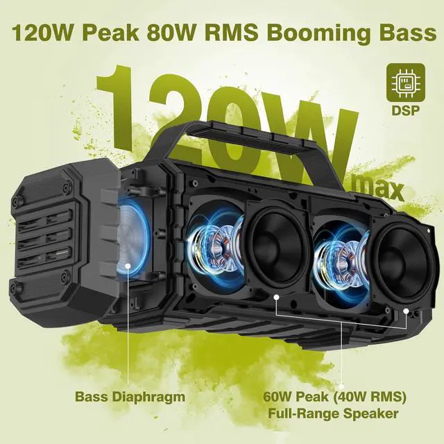 Alt view image 2 of 7 - Bluetooth Speaker 120W Peak 80W Portable Wireless Hi-Fi Loud Outdoor IPX6 Waterproof Big Party Speakers with Deep Bass, TWS Pairing, DSP Sound Boombox for Home Camping Beach