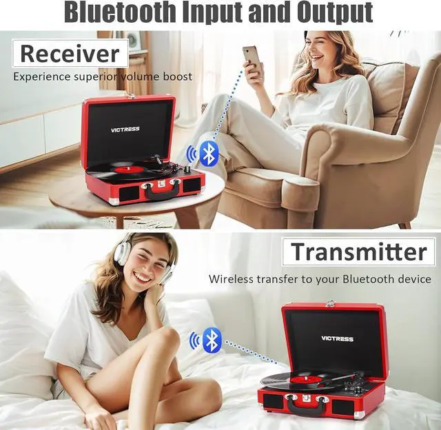 Alt view image 2 of 7 - Vinyl Record Player, Portable Suitcase Turntable with PC Recording & Bluetooth Input/Output, 3-Speed LP Player, Built-in Stereo Speakers, RCA, AUX, Headphone Jack, Red