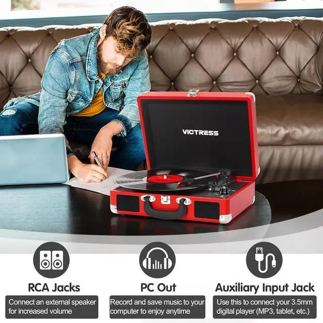 Alt view image 3 of 7 - Vinyl Record Player, Portable Suitcase Turntable with PC Recording & Bluetooth Input/Output, 3-Speed LP Player, Built-in Stereo Speakers, RCA, AUX, Headphone Jack, Red