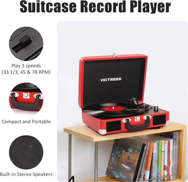 Alt view image 4 of 7 - Vinyl Record Player, Portable Suitcase Turntable with PC Recording & Bluetooth Input/Output, 3-Speed LP Player, Built-in Stereo Speakers, RCA, AUX, Headphone Jack, Red