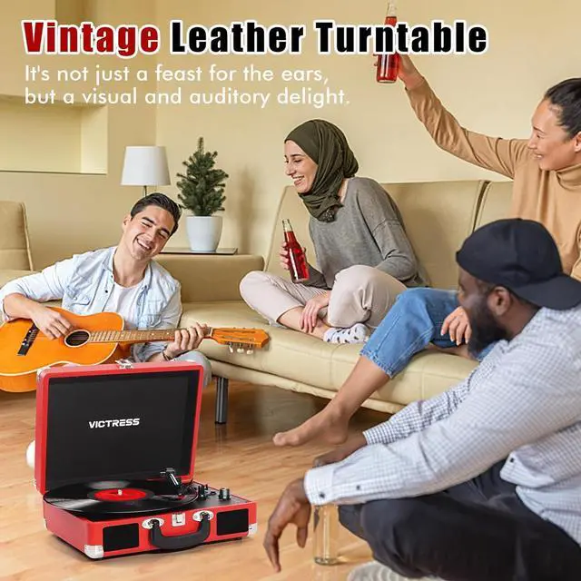 Alt view image 5 of 7 - Vinyl Record Player, Portable Suitcase Turntable with PC Recording & Bluetooth Input/Output, 3-Speed LP Player, Built-in Stereo Speakers, RCA, AUX, Headphone Jack, Red