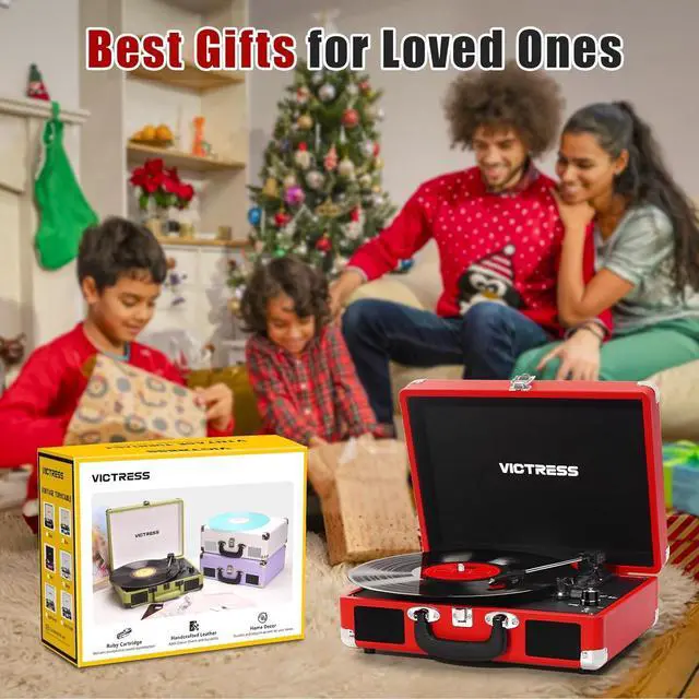 Alt view image 6 of 7 - Vinyl Record Player, Portable Suitcase Turntable with PC Recording & Bluetooth Input/Output, 3-Speed LP Player, Built-in Stereo Speakers, RCA, AUX, Headphone Jack, Red
