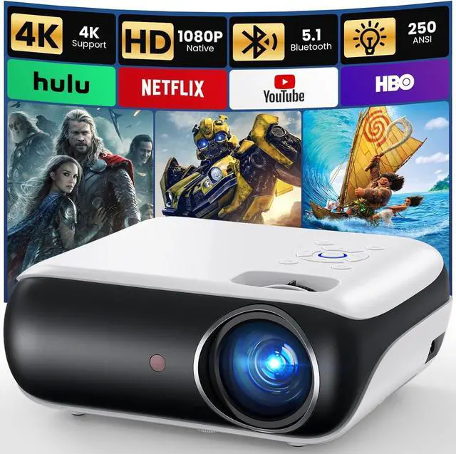 Main image of HAPPRUN Native 1080P Bluetooth Projector, Full HD Portable Outdoor Movie Projector with Built-in Speaker, Compatible with Smartphone, HDMI, USB, AV, Fire Stick, PS5 for Home, Bedroom, Outdoor Use