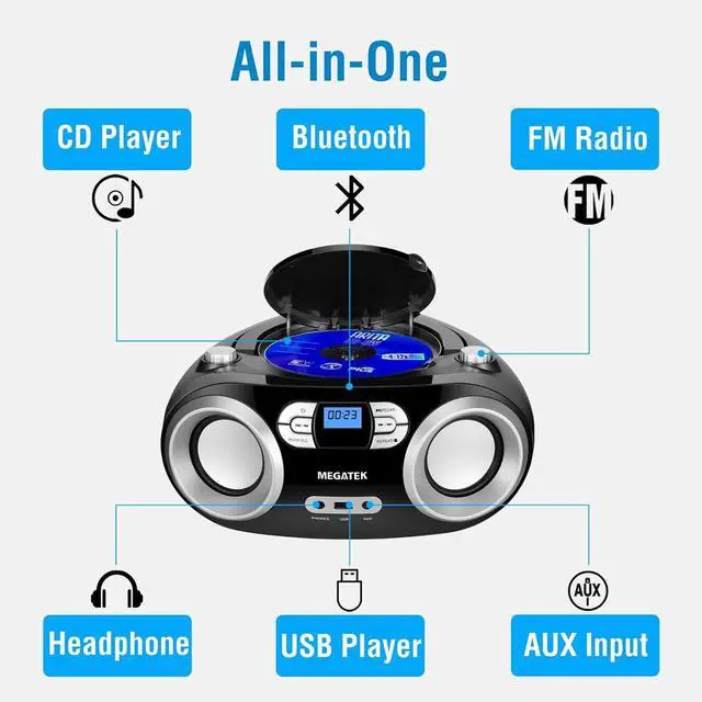 Alt view image 2 of 7 - MEGATEK Portable CD Boombox with FM Stereo Radio, Bluetooth, USB Port, and Backlit LCD Display | CD-R/CD-RW/MP3-CD Compatible | AUX Input | Headphone Jack | Programmable CD Player - Black