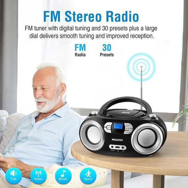 Alt view image 7 of 7 - MEGATEK Portable CD Boombox with FM Stereo Radio, Bluetooth, USB Port, and Backlit LCD Display | CD-R/CD-RW/MP3-CD Compatible | AUX Input | Headphone Jack | Programmable CD Player - Black