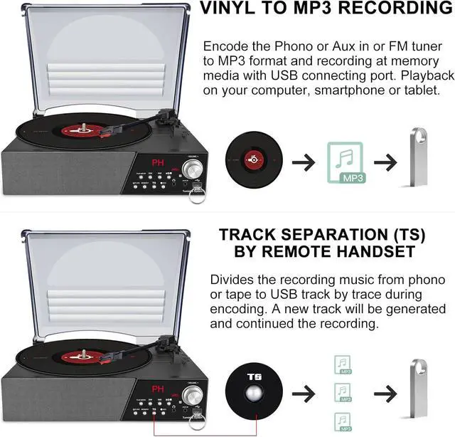 Alt view image 6 of 7 - Record Player,3 Speed Turntable Vinyl Record Player with Bluetooth Speaker, MP3 Player Portable with FM Stereo Radio, Vinyl to MP3 Recording Phonograph Player, Brown