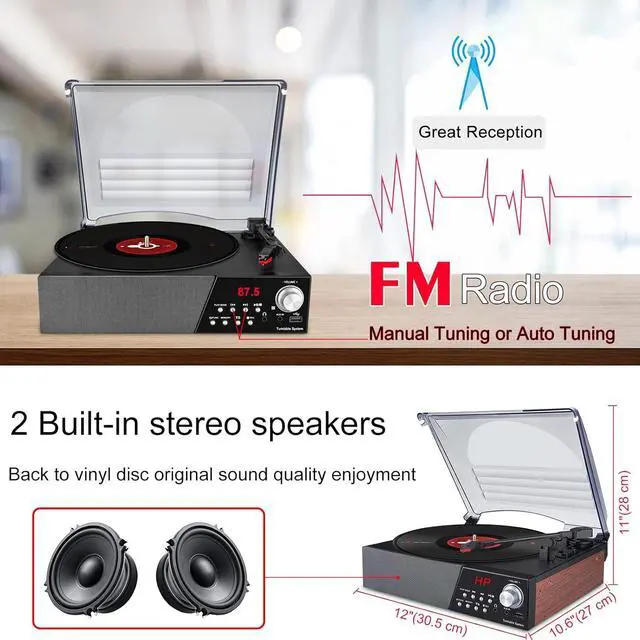 Alt view image 4 of 7 - Record Player,3 Speed Turntable Vinyl Record Player with Bluetooth Speaker, MP3 Player Portable with FM Stereo Radio, Vinyl to MP3 Recording Phonograph Player, Brown