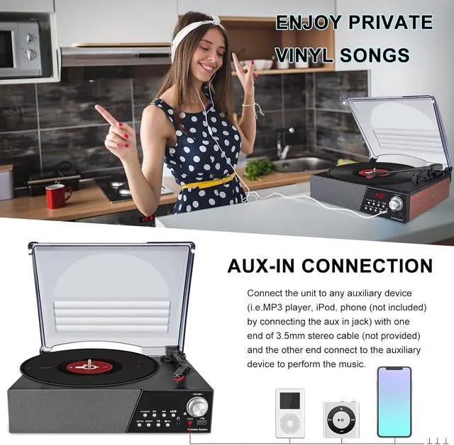 Alt view image 5 of 7 - Record Player,3 Speed Turntable Vinyl Record Player with Bluetooth Speaker, MP3 Player Portable with FM Stereo Radio, Vinyl to MP3 Recording Phonograph Player, Brown