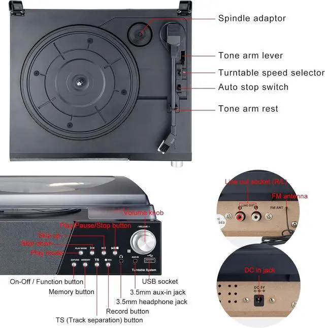 Alt view image 7 of 7 - Record Player,3 Speed Turntable Vinyl Record Player with Bluetooth Speaker, MP3 Player Portable with FM Stereo Radio, Vinyl to MP3 Recording Phonograph Player, Brown