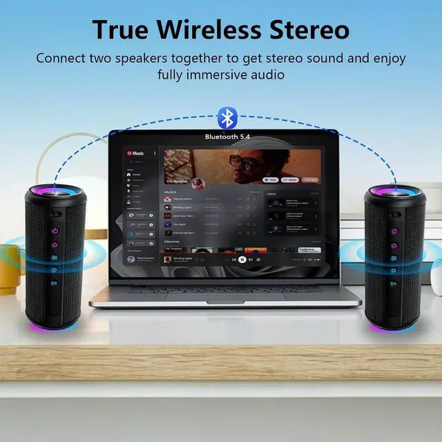 Alt view image 5 of 7 - Portable Bluetooth Speaker, Bluetooth 5.4 Wireless Speaker with 20W HD Loud Stereo Sound, 12H Playtime, IPX5 Waterproof, LED Lights, TWS Pairing, Built-in Mic, for Outdoor, Home, Party, Beach, Gift