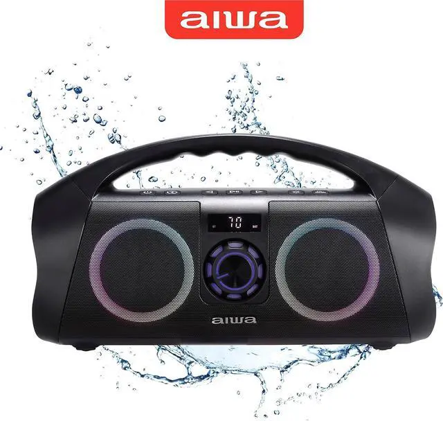 Alt view image 2 of 7 - AIWA Portable Boombox - Waterproof Bluetooth Speaker, Rechargeable Wireless Boombox with Multi Color LED Lighting and Digital Display, AUX Input and Carry Handle, 15 Hour Playtime