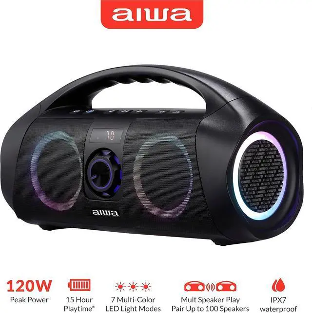 Alt view image 3 of 7 - AIWA Portable Boombox - Waterproof Bluetooth Speaker, Rechargeable Wireless Boombox with Multi Color LED Lighting and Digital Display, AUX Input and Carry Handle, 15 Hour Playtime