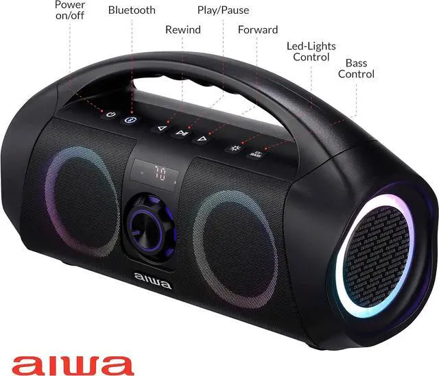 Alt view image 4 of 7 - AIWA Portable Boombox - Waterproof Bluetooth Speaker, Rechargeable Wireless Boombox with Multi Color LED Lighting and Digital Display, AUX Input and Carry Handle, 15 Hour Playtime