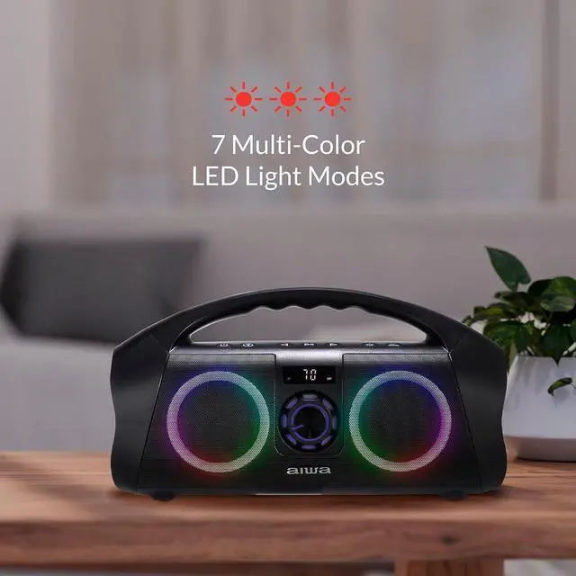 Alt view image 7 of 7 - AIWA Portable Boombox - Waterproof Bluetooth Speaker, Rechargeable Wireless Boombox with Multi Color LED Lighting and Digital Display, AUX Input and Carry Handle, 15 Hour Playtime