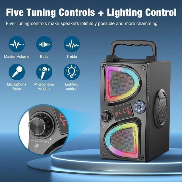 Alt view image 4 of 7 - Bluetooth Speaker, 60W(Peak) Wireless Portable Small Home Party Speakers with Double Subwoofer Deep Bass, Radio, Lights, 80dB Loud Stereo Sound Boombox for Outdoor Camping Gifts