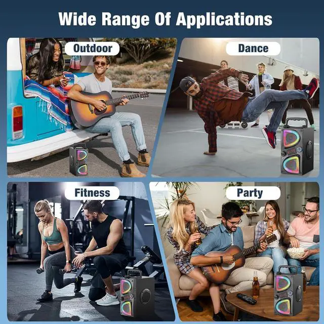 Alt view image 7 of 7 - Bluetooth Speaker, 60W(Peak) Wireless Portable Small Home Party Speakers with Double Subwoofer Deep Bass, Radio, Lights, 80dB Loud Stereo Sound Boombox for Outdoor Camping Gifts
