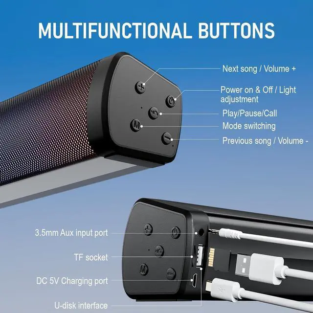 Alt view image 3 of 7 - OOYY Home Portable Bluetooth Speaker with Colorful Flashing Lights, Wireless Bluetooth Sound Bar, Perfect for Home Theater and Gaming (Black)