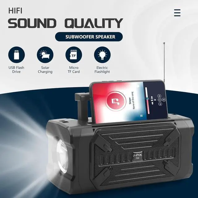 Alt view image 2 of 7 - Portable Solar Bluetooth Speaker with Outdoor Emergency Flashlight, FM Radio Function, High Audio Solar Bluetooth Speaker (Black)